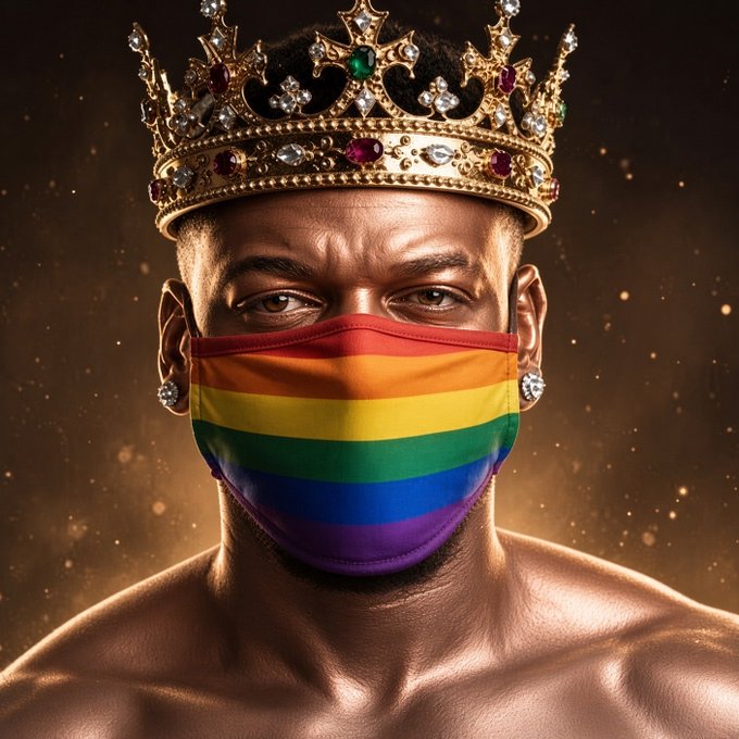 Portrait of a Black man wearing an ornate jeweled gold crown and a rainbow Pride flag face mask, set against a warm, glowing background.