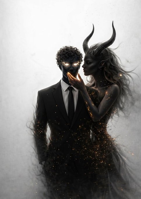 A digital artwork of a man in a suit with glowing eyes standing next to a horned demon-like woman, surrounded by smoke and golden sparks.