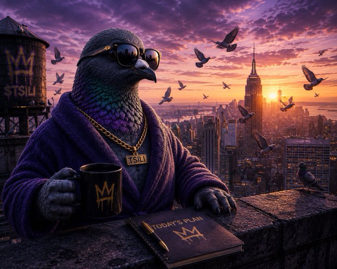 A digital artwork of an anthropomorphic pigeon wearing sunglasses and a purple bathrobe, holding a mug and a planner labeled "TODAY'S PLAN" with a crown logo and "TSILI" tag, set against a New York City skyline at sunset.