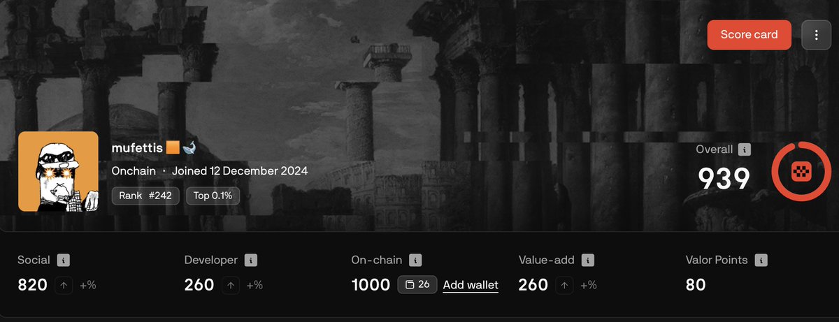 A user profile showing the handle "mufettis" with an overall rank of #242 in the Top 0.1%, a Social score of 820, and an On-chain score of 1000, presumably qualifying them for priority allocation in the upcoming $JUMP token sale.