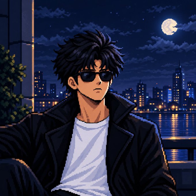 A pixel art illustration of a dark-haired man in sunglasses and a black jacket sitting against a nighttime cityscape with a full moon over water.