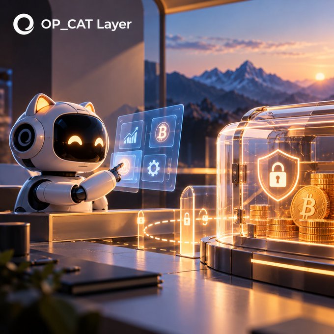 A digital illustration featuring a white robot cat interacting with a holographic interface next to Bitcoin coins, with 'OP_CAT Layer' displayed in the top left.