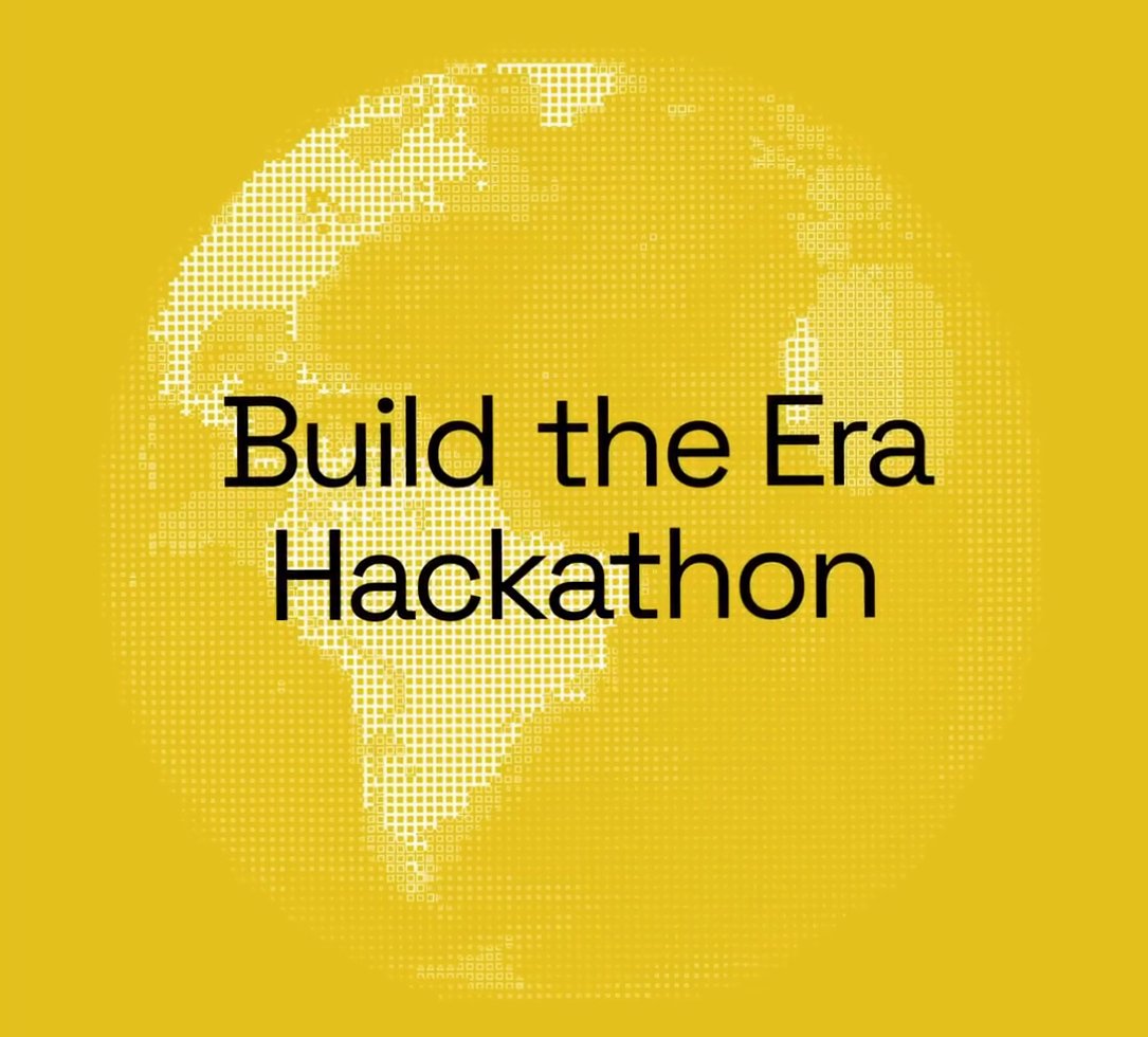 A bold yellow graphic features a halftone-style globe with the text "Build the Era Hackathon" prominently displayed in black, tying into the post's call to create a discovery platform ("front door") for AI agents in the emerging "Smart Money Era."