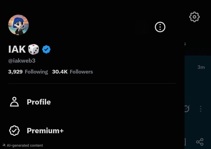 A dark-mode Twitter/X profile for user 'IAK' (@iakweb3) is shown with a verified checkmark, 30.4K Followers, and 3,929 Following, with a menu displaying Profile and Premium+ options.