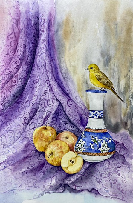 A watercolor painting of a yellow bird perched on a decorative blue and white vase, surrounded by apples and draped purple fabric.