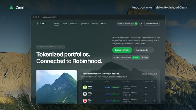 A screenshot of the cairncoin.com website homepage with the tagline 'Tokenized portfolios. Connected to Robinhood,' featuring market data for $CAIRN, $NVDA, $AAPL, and $TSLA, all listed as Wrapped on Robinhood chain.