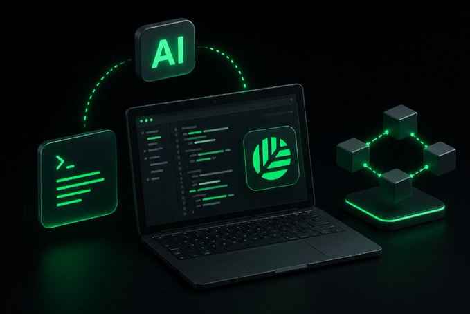 A laptop displaying code with green highlights is surrounded by floating "AI" and terminal icons alongside a geometric blockchain symbol, all glowing in neon green against a black background. The image visually represents the integration of AI development tools like Cursor, Claude Code, and Codex with blockchain infrastructure, matching the post's theme of seamlessly connecting familiar AI coding workflows to blockchain without requiring chain-specific syntax.