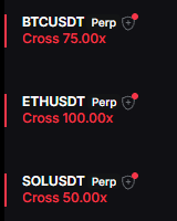 The image shows three cryptocurrency perpetual futures on the verge of liquidation: BTCUSDT at 75.00x cross leverage, ETHUSDT at 100.00x cross leverage, and SOLUSDT at 50.00x cross leverage, highlighting the extreme risk high-leverage longs face during the price drop predicted in the post (BTC to 49k, SOL to $70, ETH to 1.6k).