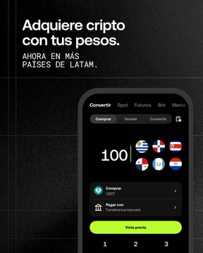 A Spanish-language crypto purchase advertisement reading 'Adquiere cripto con tus pesos' and 'AHORA EN MÁS PAÍSES DE LATAM', showing a smartphone app interface for buying cryptocurrency at 100 with country flags.