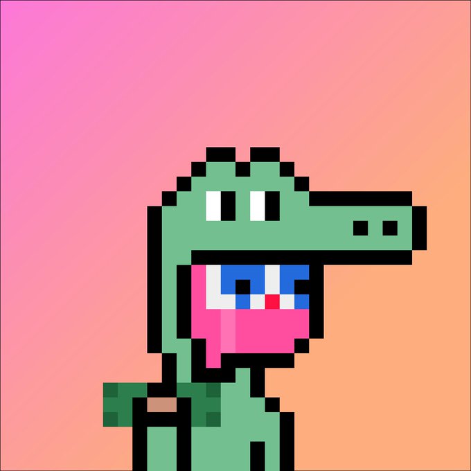 Pixel art of a green crocodile-like character wearing pink shorts and a blue and white belt/buckle design, set against a pink-to-orange gradient background.