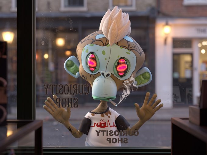 A 3D-rendered monkey-like character with pink eyes stands inside what looks like a 'Curiosity Shop', with smoke around its face and hands pressed against glass.