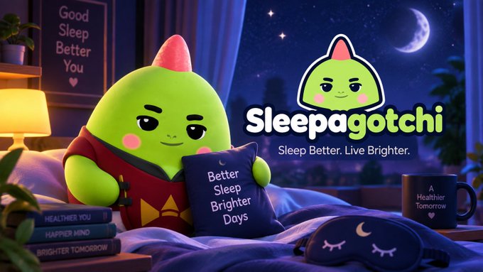 A green dinosaur-like mascot named "Sleepagotchi" sits in a cozy bedroom setting beside a pillow reading "Better Sleep Brighter Days," with the tagline "Sleep Better. Live Brighter." displayed prominently alongside night sky imagery. The promotional scene ties into the post's message about making better sleep an engaging, gamified experience to improve overall wellbeing.
