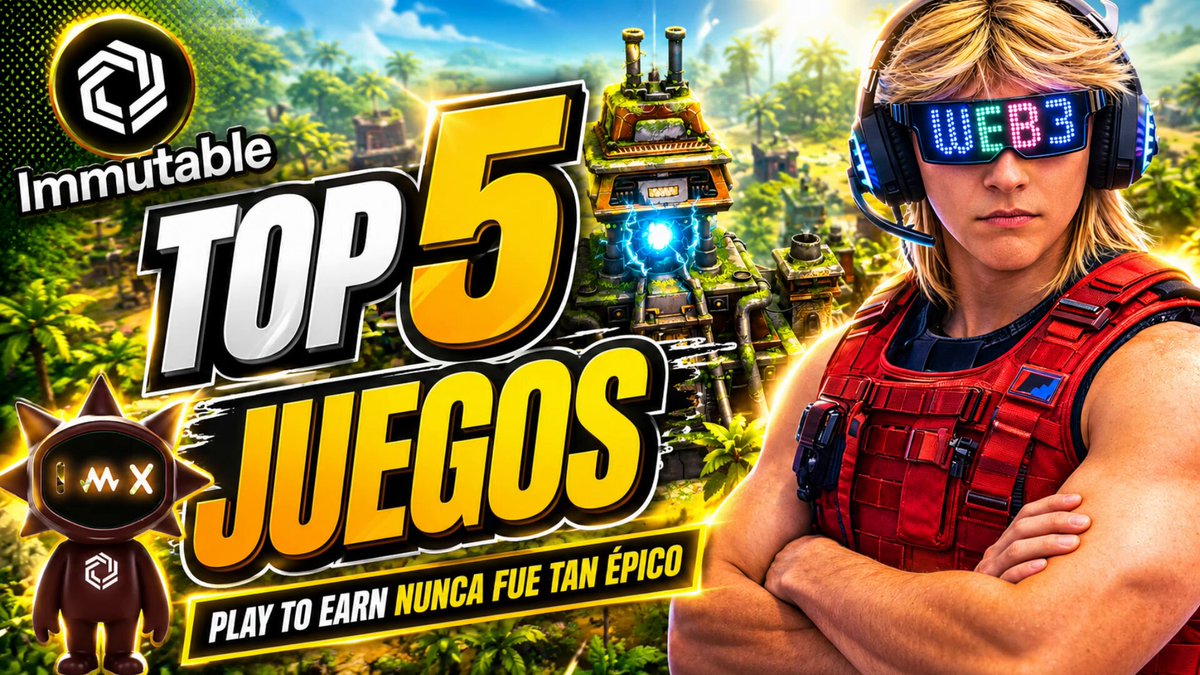 The image features a man wearing a red shirt, sunglasses, and a headset with his arms crossed over his chest. The background of the image shows an illustration of a jungle scene with trees and buildings. Below this image, there is text that reads "Top 5 Juegos immutables" followed by five different game titles in Spanish.