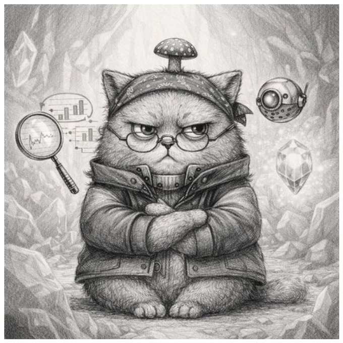 A detailed pencil drawing depicts a serious-looking cat wearing glasses, a bandana, and a jacket, sitting with crossed arms in a cave with crystals, accompanied by floating icons of a magnifying glass, data charts, and a space helmet.