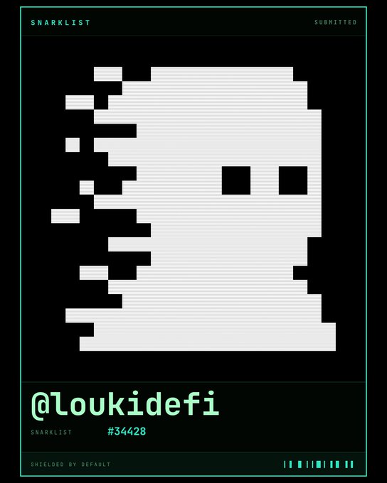 Digital art piece titled 'SNARKLIST SUBMITTED' featuring a pixelated black-and-white face, tagged '@loukidefi SNARKLIST #34428 SHIELDED BY DEFAULT'.