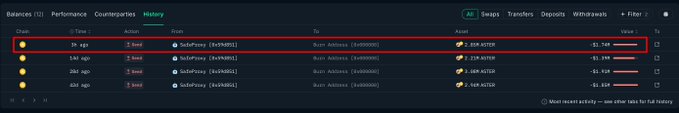 A screenshot of a transaction history interface displays multiple send actions from a "Deployer" address to a "Burn Address," with the topmost highlighted entry showing a 2.85M ASTER transfer valued at approximately $1.74M, corroborating the post about the latest token burn.