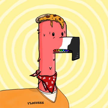 A cartoon illustration by Ylogi666 of a pink character with a bandana and brown hair, appearing to use a color picker tool against a yellow spiral background.
