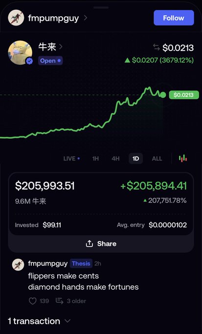 A social media post from @fmpumpguy showing his '牛来 (niú lái)' position worth $205,993.51 (+207,751.78%) from a $99.11 investment, captioned 'flippers make cents diamond hands make fortunes'.