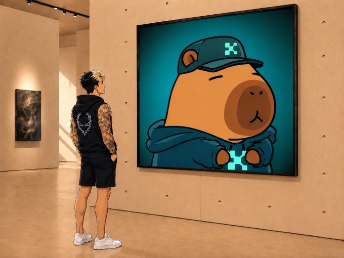 A young man with tattooed arms stands in a modern art gallery, viewing a large framed cartoon illustration of a capybara wearing a cap and hoodie featuring the 'X' crypto logo on a teal background.