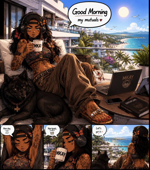 A stylized digital illustration of a woman with headphones drinking from an 'MKAY' mug, accompanied by a black wolf, a laptop labeled 'MKAY', and a 'DISCIPLINE HANDBOOK', with a speech bubble saying 'Good Morning my mutuals'.