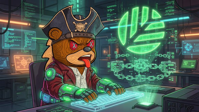 A digital illustration features an anthropomorphic bear dressed as a pirate captain with glowing red eyes, typing at a glowing holographic keyboard beneath a large green SUI logo and chain graphic.
