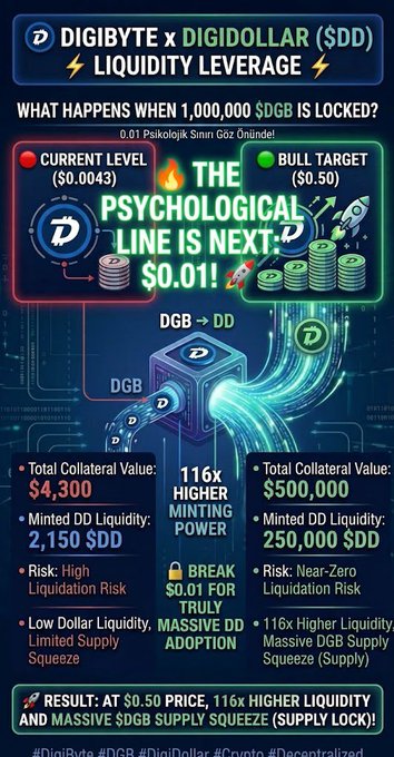 A cryptocurrency infographic titled 'DIGIBYTE x DIGIDOLLAR ($DD) LIQUIDITY LEVERAGE' discusses the $0.01 psychological price line, showing collateral and minting figures.