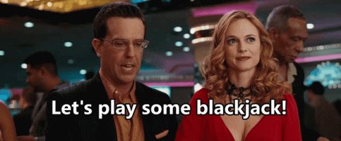 The image features a man and woman standing next to each other, with text overlaying them that reads "Let's play some blackjack!". The background of the image shows a casino setting with people sitting at tables playing games like poker or roulette.