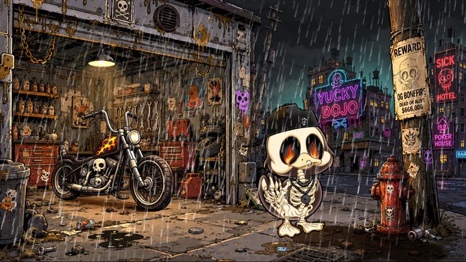 A skeleton character with fiery eyes, "OG Bonefire," stands in a rainy urban alley outside a garage housing his skull-adorned motorcycle, near neon signs reading "Yucky Dojo" and a reward poster listing "DO BONEFIRE - 1 YUKY NUG = $666,000," with other signs showing "Sick Hotel" and "Poker House." The gritty street scene visualizes the post's call to action, depicting Bonefire ready to "ride out" of jail with his fueled bike in a "Yucky Dojo" setting where holders can enter the contest to win his NFT and the listed reward.