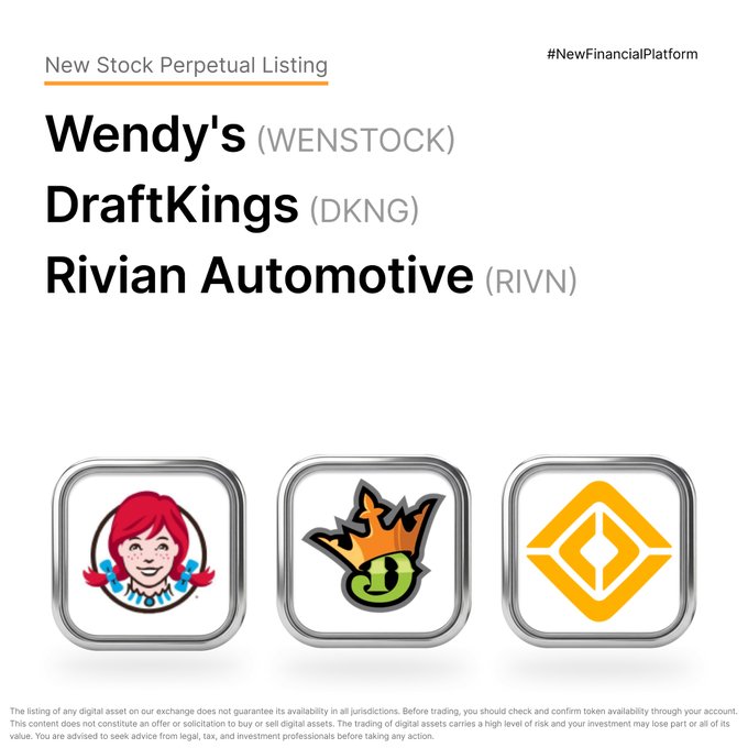 Promotional graphic announcing three new stock perpetual listings on Bybit—Wendy's ($WENSTOCK), DraftKings ($DKNG), and Rivian Automotive ($RIVN)—featuring each company's logo beneath their respective ticker names alongside the hashtag #NewFinancialPlatform.