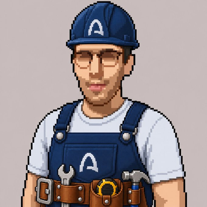 A pixel art illustration depicts a man wearing a blue cap with an 'A' logo, glasses, a white t-shirt, and blue overalls, with a tool belt holding a wrench, hammer, and tape measure.