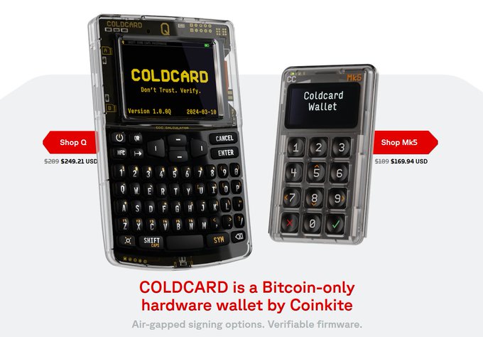 Promotional image for COLDCARD by Coinkite, a Bitcoin-only hardware wallet. It shows two models: 'Shop Q' at $249.21 USD (originally $289) and 'Shop Mk5' at $169.94 USD (originally $189), with the tagline 'Don't Trust. Verify.' and noting 'Air-gapped signing options. Verifiable firmware.'