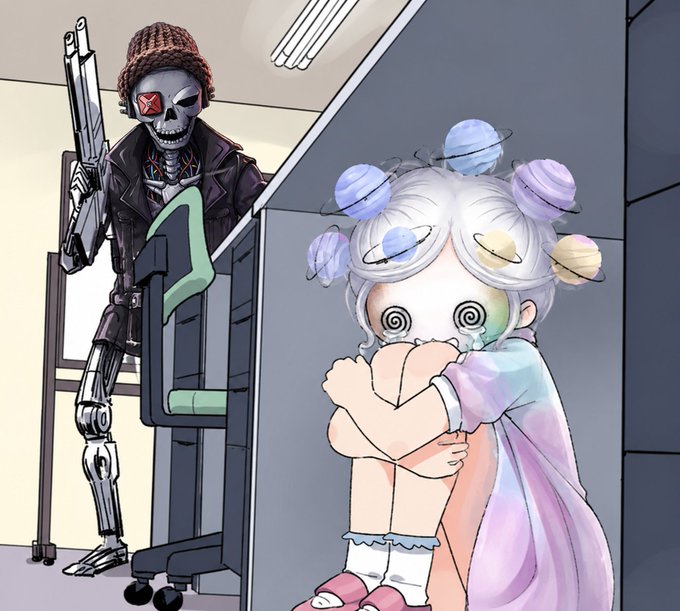 An anime-style illustration showing a cyborg character with a red beanie holding a rifle standing behind a crying child with planets orbiting their head, who is hiding behind a gray wall.