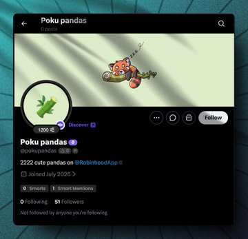 A social media profile for 'Poku pandas' (@pokupandas) with 1,200 followers, 9 posts, and the bio '2222 cute pandas on @RobinhoodApp,' showing a banner of a panda fishing.