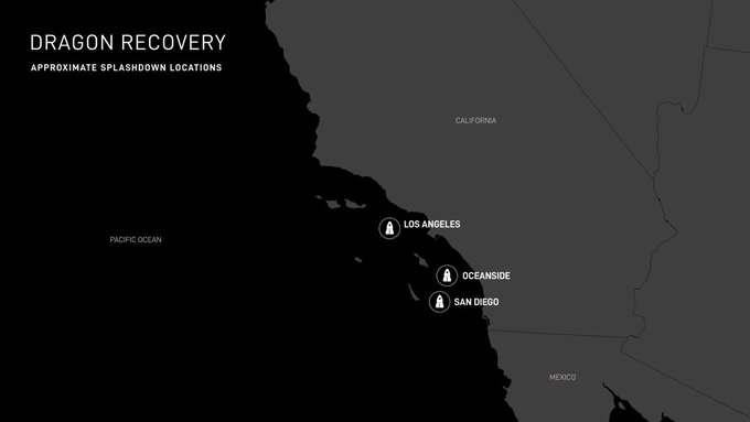 A dark map titled 'DRAGON RECOVERY APPROXIMATE SPLASHDOWN LOCATIONS' showing the California coastline with icons marking splashdown points at Los Angeles, Oceanside, and San Diego near the Pacific Ocean and Mexico border.
