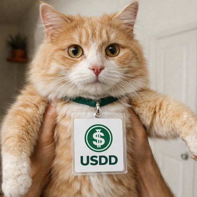 A person holds a fluffy orange and white cat wearing a green collar and a clear badge holder containing a card with a green dollar sign logo and the text "USDD".