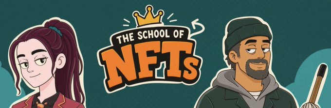 The image is a promotional banner for "The School of NFTs," featuring two cartoon characters—a red-haired girl and a bearded man in a beanie—flanking a bold crown-topped logo, which thematically ties to the post's pitch for $TAA (The Ant Academy) as an emerging NFT community project with growth potential.