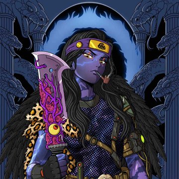 A digital illustration of a blue-skinned female character wearing a headband, leopard print coat, and dark armor, holding a purple blade against a dark gothic background with snake columns.