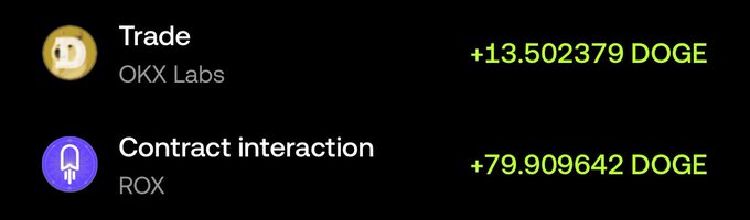 A screenshot of crypto transaction earnings showing a 'Trade' from OKX Labs earning +13.502379 DOGE and a 'Contract interaction' from ROX earning +79.909642 DOGE.