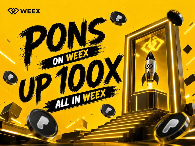 A bold yellow promotional graphic for WEEX features the text "PONS UP 100X ON WEEEX ALL IN WEEEX" alongside a rocket ship launching from a glowing portal framed by gold steps, visually reinforcing the post's claim about $PONS's dramatic 100x surge and its availability on the WEEX exchange.
