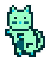 A pixel art image of a light teal cat character with a darker teal tail and blue accents against a white background.