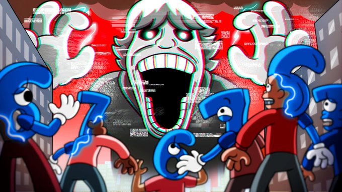 A chaotic cartoon scene shows a monstrous, screaming figure with a wide gaping mouth and glowing eyes looming over panicked blue-haired characters fleeing through a glitchy, red-tinted cityscape, visually capturing the intense "67MAXXING" meme contest hype referenced in the post. The distorted, horror-style imagery reflects the surreal and escalating energy of the $10,000 competition mentioned in the caption.