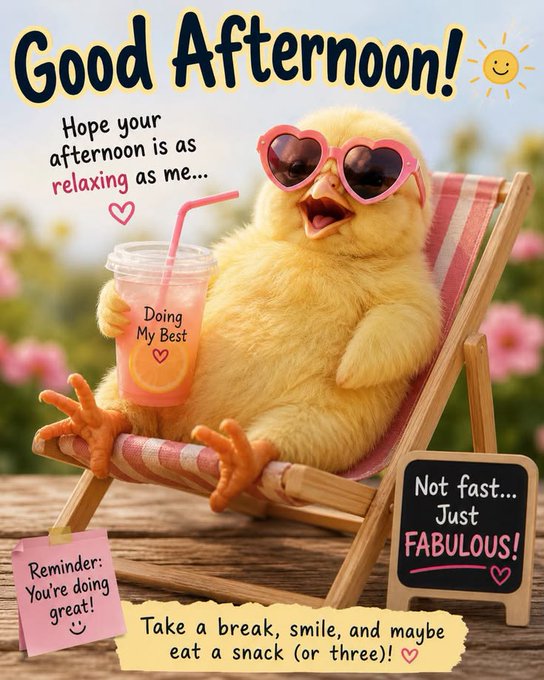 A cute greeting card image featuring a yellow chick wearing heart-shaped sunglasses on a deck chair, with text reading 'Good Afternoon!' and 'Doing My Best'.