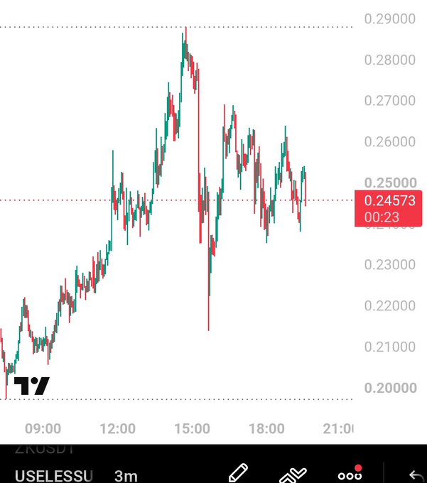 A 3-minute candlestick chart for $USELESS shows a 25% dump to roughly $0.215 followed by a rapid rebound near $0.24573, mirroring the post’s “dumped 25% and pumped 25% within minutes” description. It is labeled “USELESS 3m,” with a current price of 0.24573 and a timer at 00:23.