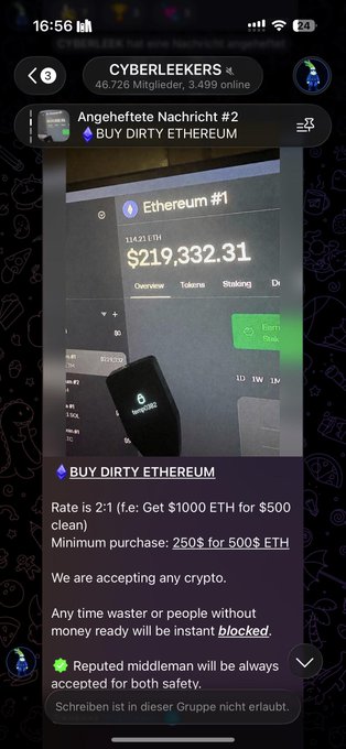 A German-language Telegram channel called "CYBERLEEKERS" advertising "BUY DIRTY ETHEREUM" at a 2:1 rate, showing an Ethereum price of $219,332.31 on a phone screen.