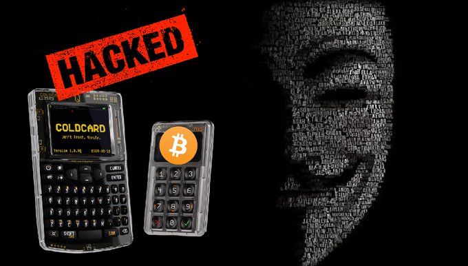 A graphic showing hardware cryptocurrency wallets with the word 'HACKED' stamped across them in red, set against a black background with a Guy Fawkes mask pattern and a Bitcoin symbol.