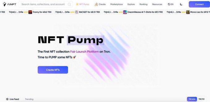 The homepage of 'NFT Pump' on AnNFT displays it as 'The First NFT collection Fair Launch Platform on Tron' with a 'Create NFTs' call-to-action button.