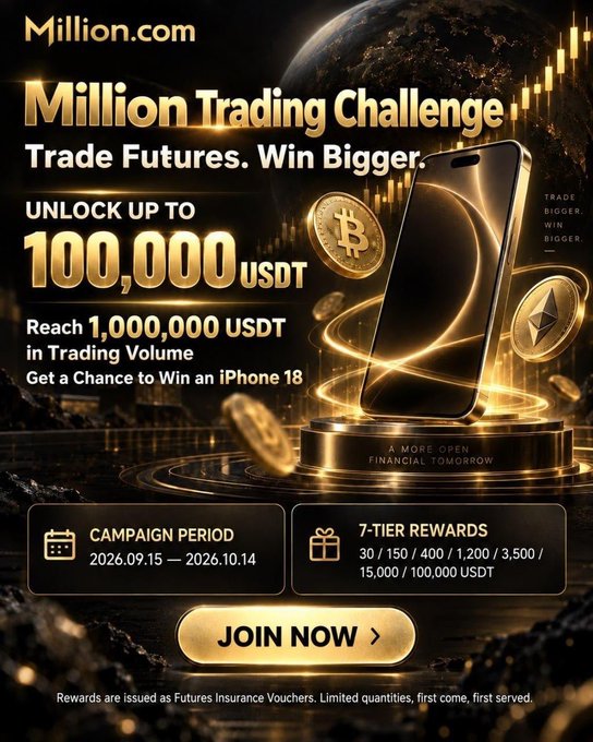 This promotional poster for Million.com advertises their "Million Trading Challenge," offering up to 100,000 USDT in rewards for traders who reach 1,000,000 USDT in futures trading volume between September 15 and October 14, 2026, with a chance to win an iPhone 18 and a 7-tier reward structure (30/150/400/1,200/3,500/15,000/100,000 USDT). The image features an iPhone surrounded by Bitcoin and Ethereum coins on a pedestal, complementing the brand's emphasis on its digital asset exchange platform for traders of all levels.