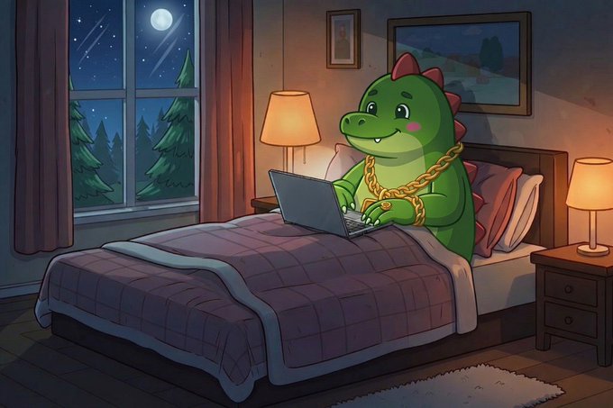 An illustration of a green cartoon dinosaur wearing a gold chain and red bow, smiling while using a laptop in a cozy bedroom at night.