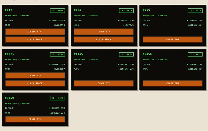 A grid of seven black-and-orange NFT-style claim cards showing memorized earnings for stocks including RDOT, NFLX, TSLA, NVDA, AAPL, and MSTR, with earned ETH values and CLAIM ETH/STOCK buttons.