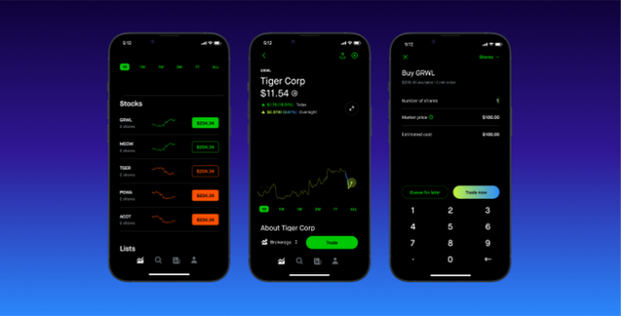 Three iPhone screens display a stock trading app with a dark theme, showing a 'Stocks' list (OPAL, MSOW, TIGER, POWL, ADPT), a 'Tiger Corp' detail page at $11.54, and a 'Buy ORWL' order entry screen with a numeric keypad.